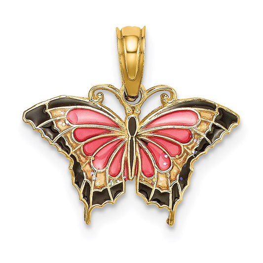 Million Charms 14K Yellow Gold Themed Small Stained Glass Pink Butterfly