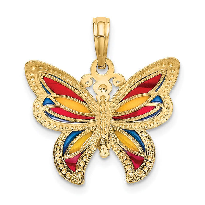Million Charms 14K Yellow Gold Themed With Multi-Color Stained Glass & Beaded Wings Butterfly Charm