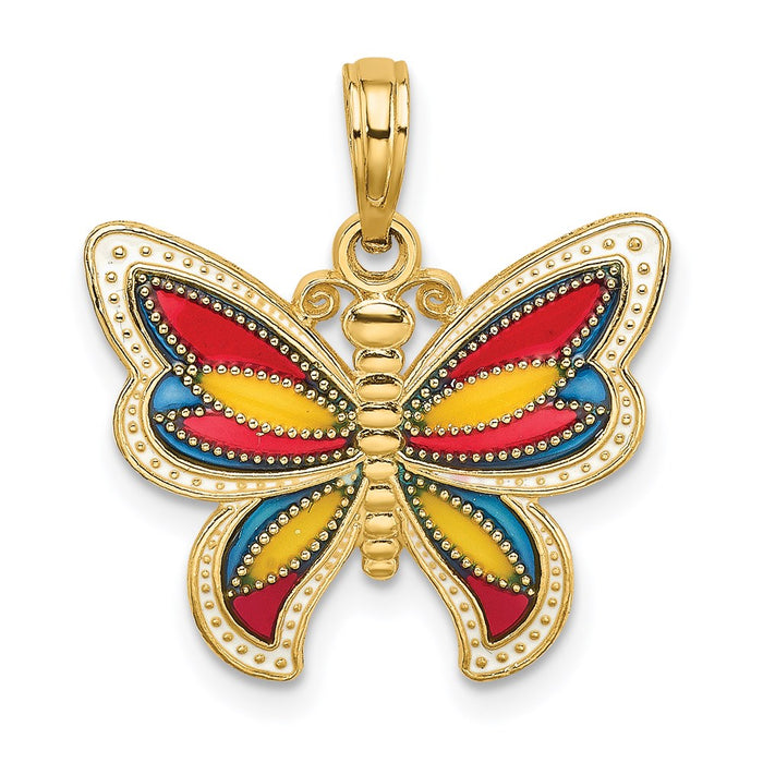 Million Charms 14K Yellow Gold Themed With Multi-Color Stained Glass & Beaded Wings Butterfly Charm