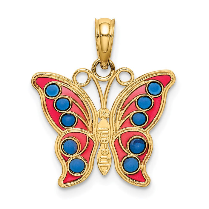 Million Charms 14K Yellow Gold Themed With Red & Blue Stained Glass Filigree Butterfly Charm