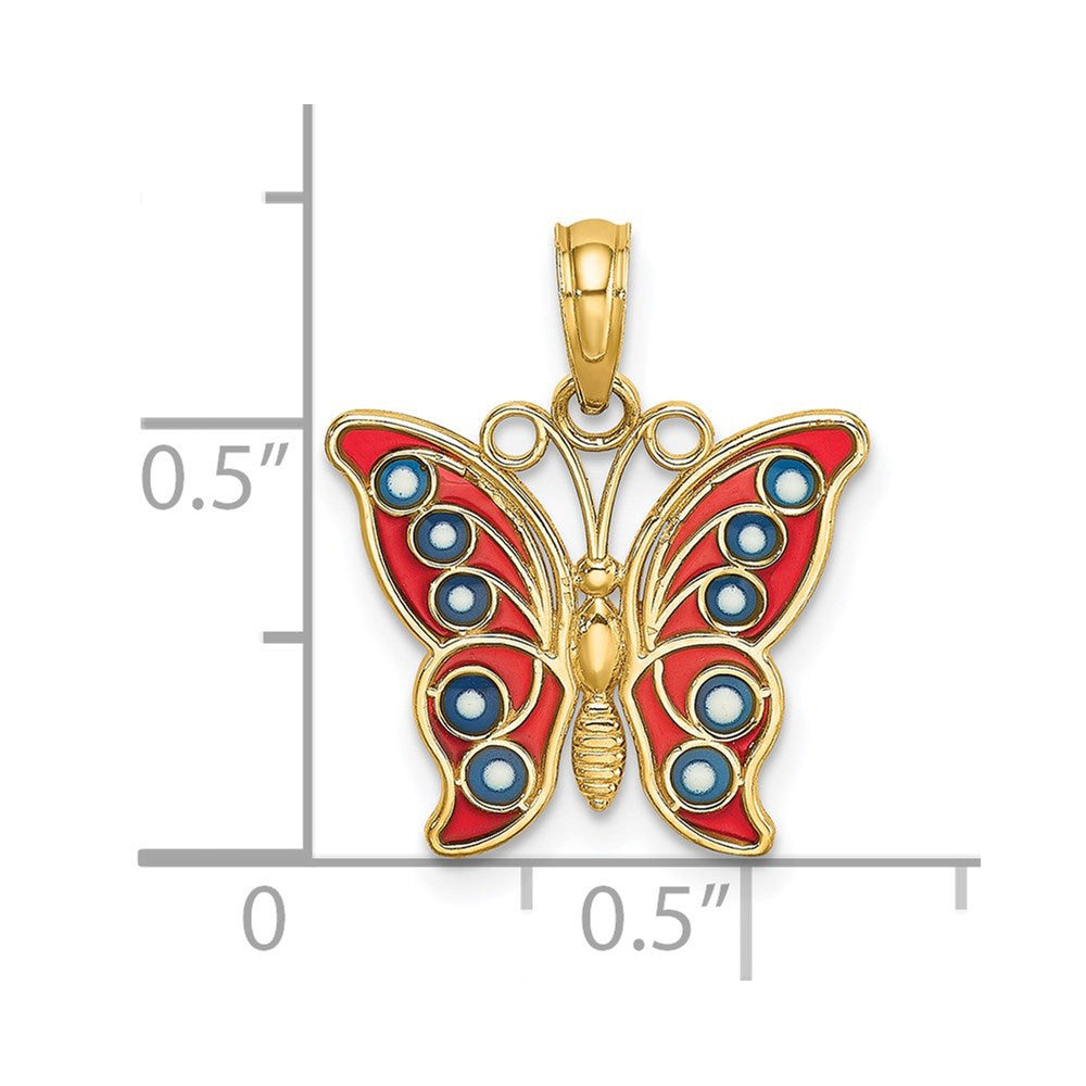 Million Charms 14K Yellow Gold Themed With Red & Blue Stained Glass Filigree Butterfly Charm