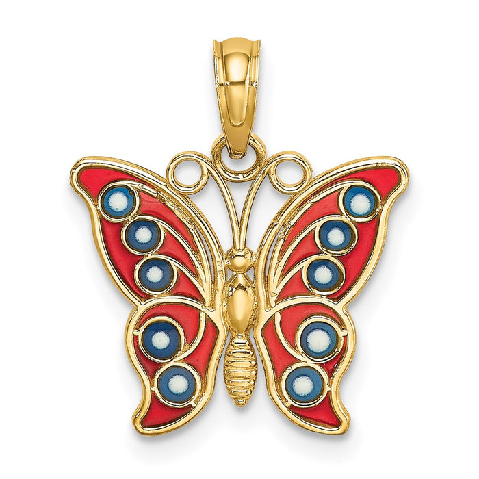 Million Charms 14K Yellow Gold Themed With Red & Blue Stained Glass Filigree Butterfly Charm