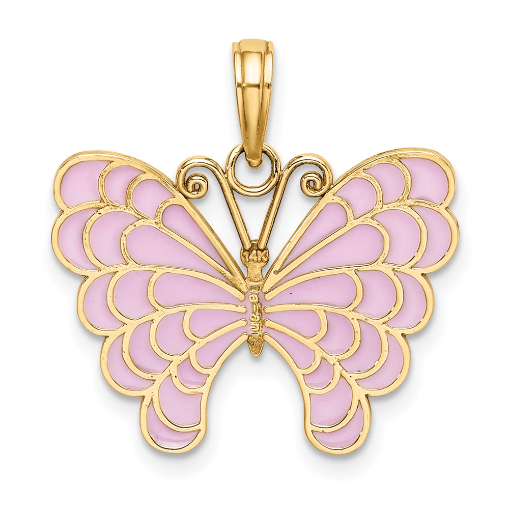 Million Charms 14K Yellow Gold Themed Butterfly With Lavender Stained Glass Wings