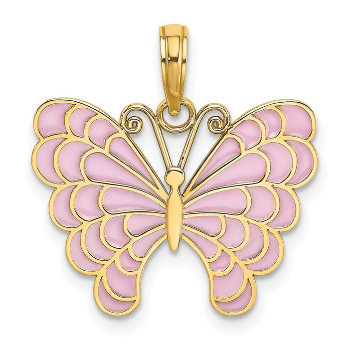 Million Charms 14K Yellow Gold Themed Butterfly With Lavender Stained Glass Wings