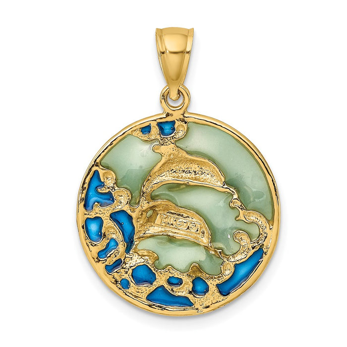 Million Charms 14K Yellow Gold Themed 2-D Dolphins & Blue Enameled Charm