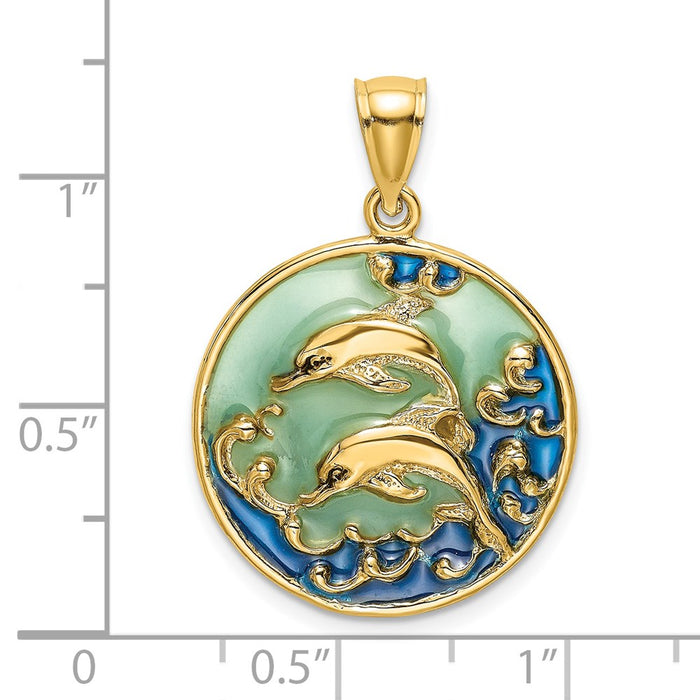 Million Charms 14K Yellow Gold Themed 2-D Dolphins & Blue Enameled Charm