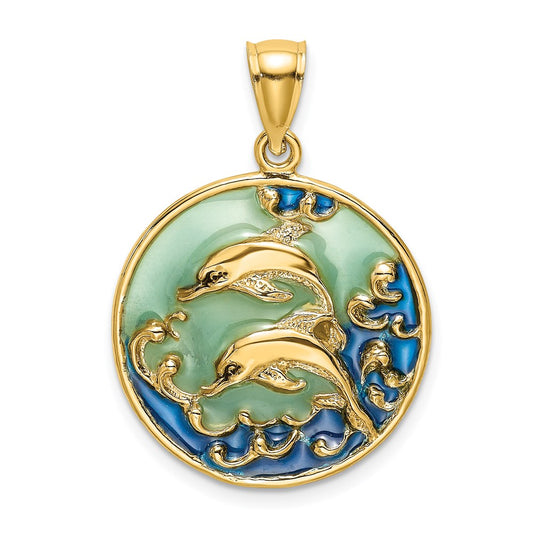 Million Charms 14K Yellow Gold Themed 2-D Dolphins & Blue Enameled Charm
