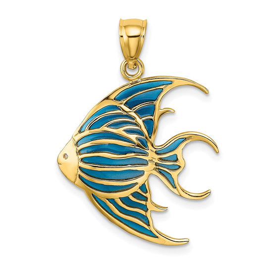 Million Charms 14K Yellow Gold Themed With Blue Stainded Glass Accent Angelfish Charm