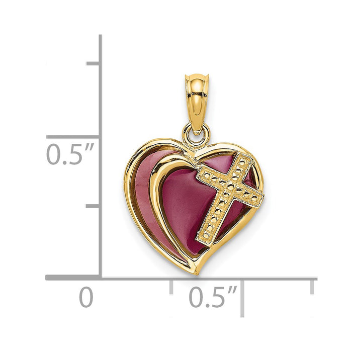 Million Charms 14K Yellow Gold Themed With Purple Stained Glass Relgious Cross Heart Charm