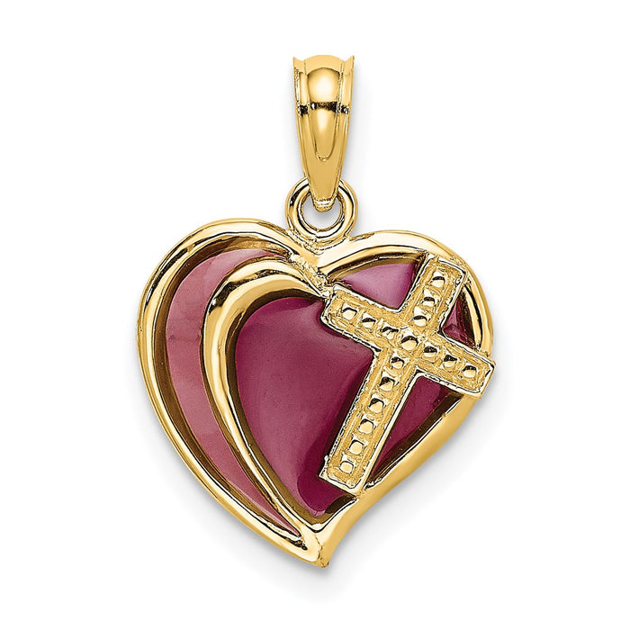 Million Charms 14K Yellow Gold Themed With Purple Stained Glass Relgious Cross Heart Charm