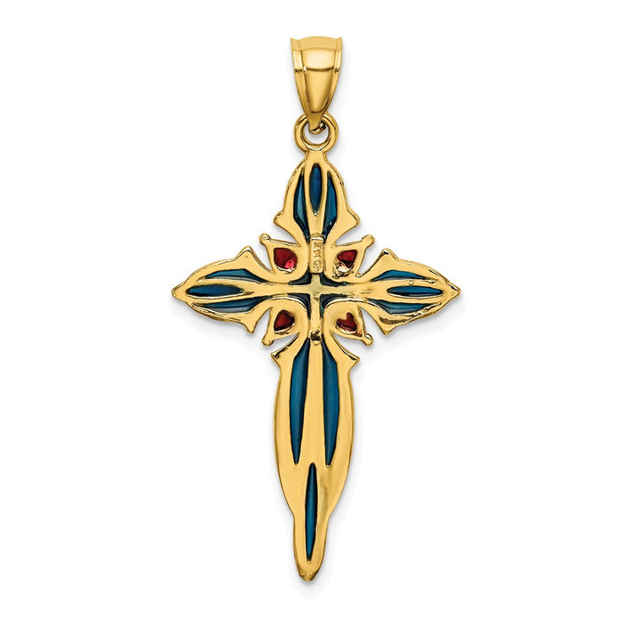 Million Charms 14K Yellow Gold Themed Blue & Red Stained Glass Relgious Cross Charm