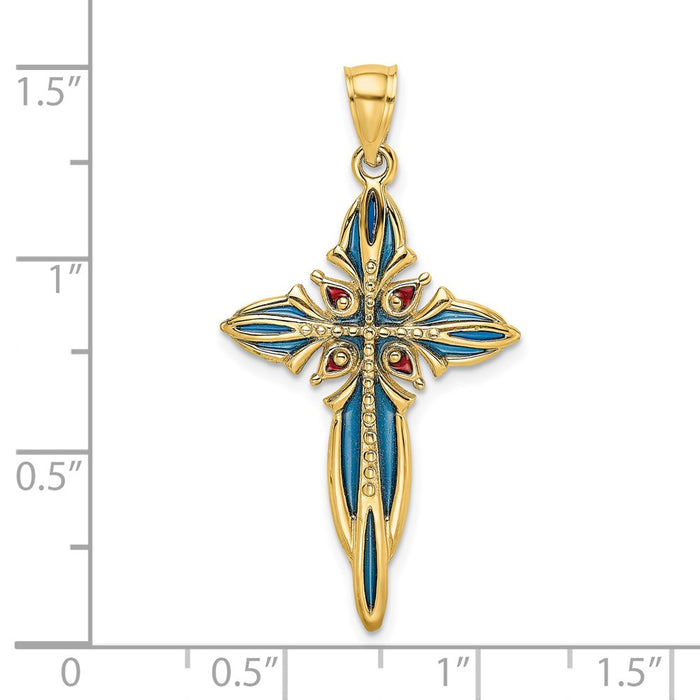Million Charms 14K Yellow Gold Themed Blue & Red Stained Glass Relgious Cross Charm