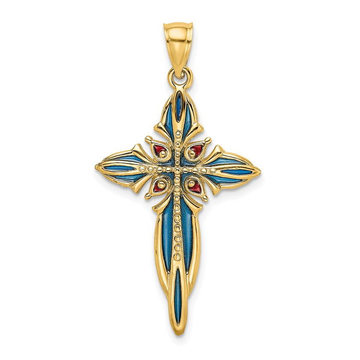 Million Charms 14K Yellow Gold Themed Blue & Red Stained Glass Relgious Cross Charm