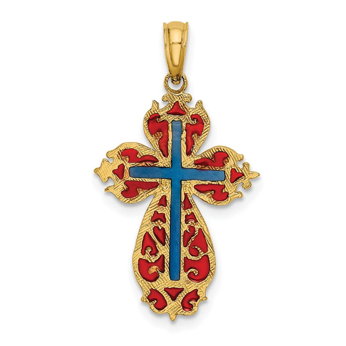 Million Charms 14K Yellow Gold Themed With Blue & Red Stained Glass Relgious Cross Charm