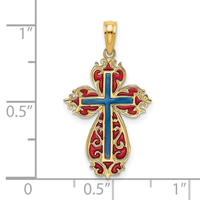 Million Charms 14K Yellow Gold Themed With Blue & Red Stained Glass Relgious Cross Charm