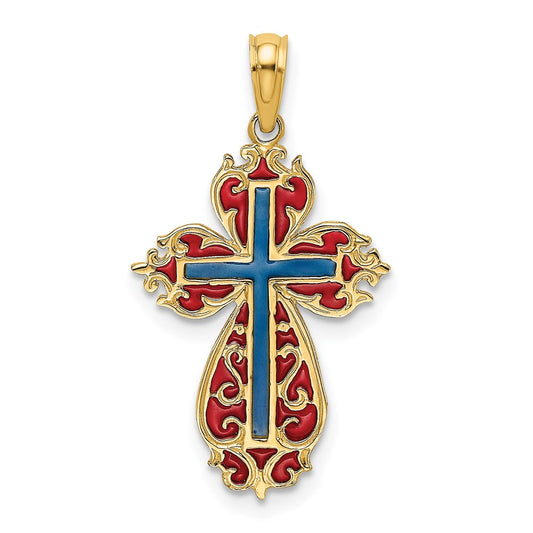 Million Charms 14K Yellow Gold Themed With Blue & Red Stained Glass Relgious Cross Charm