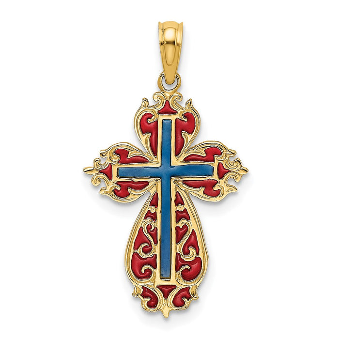 Million Charms 14K Yellow Gold Themed With Blue & Red Stained Glass Relgious Cross Charm