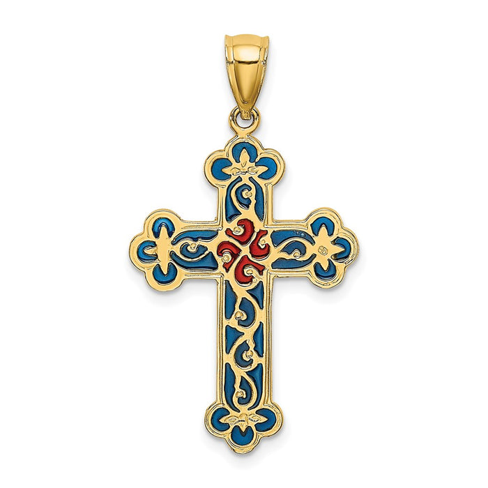 Million Charms 14K Yellow Gold Themed Red & Blue Stained Glass With Scroll Patter Relgious Cross Charm