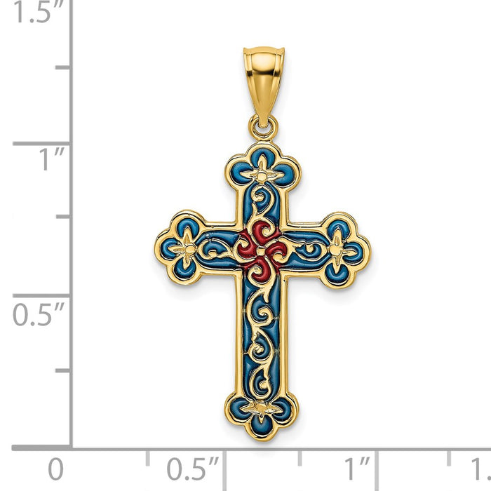 Million Charms 14K Yellow Gold Themed Red & Blue Stained Glass With Scroll Patter Relgious Cross Charm