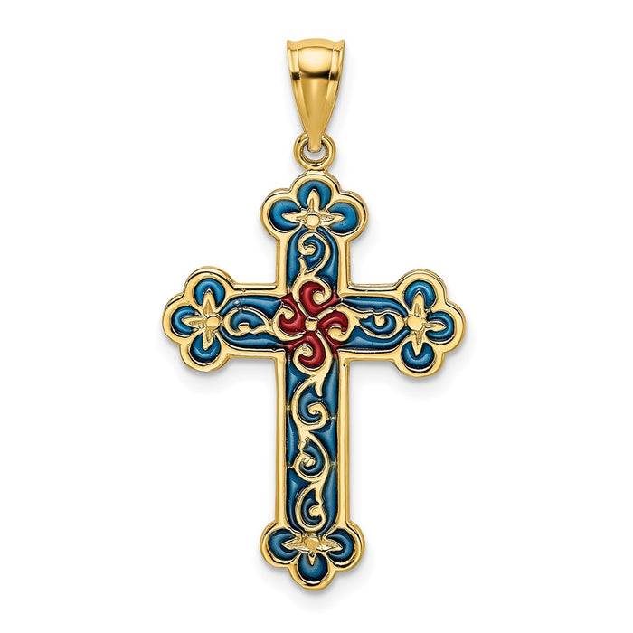 Million Charms 14K Yellow Gold Themed Red & Blue Stained Glass With Scroll Patter Relgious Cross Charm