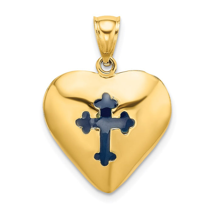 Million Charms 14K Yellow Gold Themed 3-D & With Red & Blue Stained Glass Relgious Cross In Heart Charm