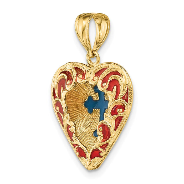 Million Charms 14K Yellow Gold Themed 3-D & With Red & Blue Stained Glass Relgious Cross In Heart Charm