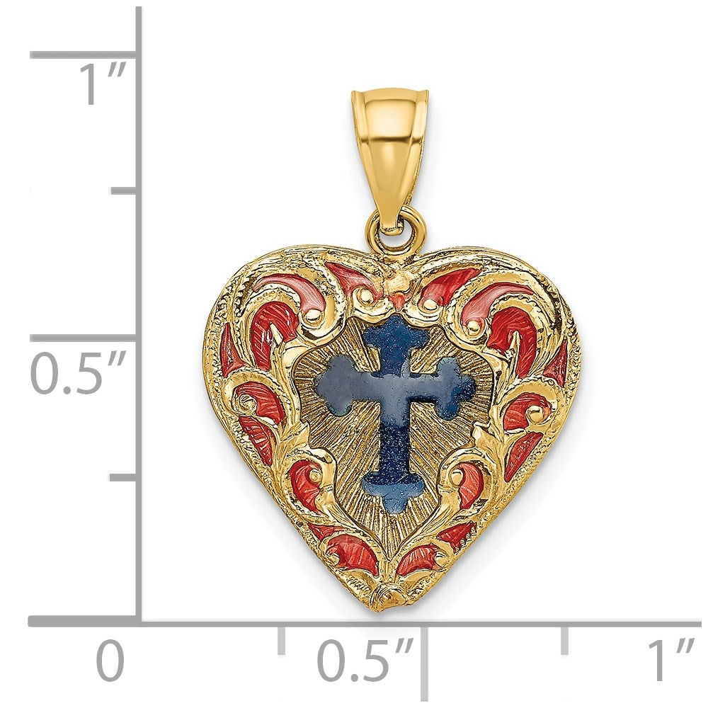 Million Charms 14K Yellow Gold Themed 3-D & With Red & Blue Stained Glass Relgious Cross In Heart Charm
