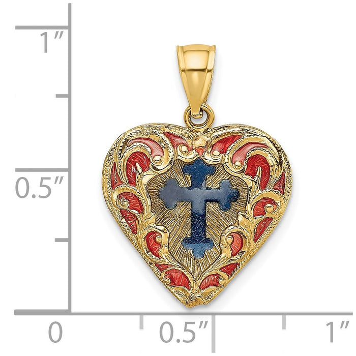 Million Charms 14K Yellow Gold Themed 3-D & With Red & Blue Stained Glass Relgious Cross In Heart Charm