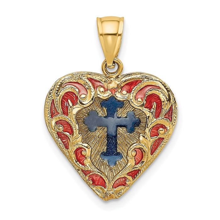 Million Charms 14K Yellow Gold Themed 3-D & With Red & Blue Stained Glass Relgious Cross In Heart Charm