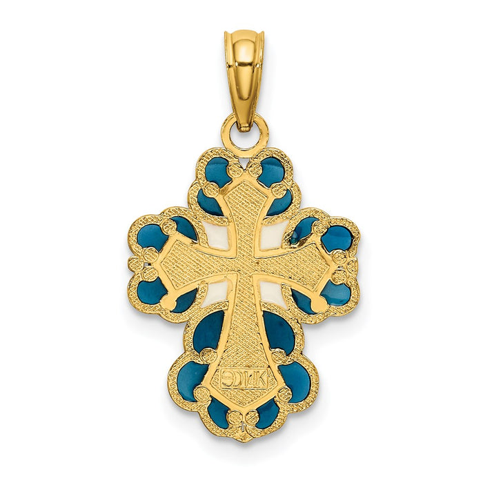 Million Charms 14K Yellow Gold Themed Blue, White & Red Stained Glass With Lace Trim Relgious Cross Charm