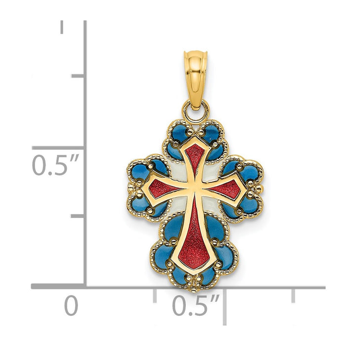 Million Charms 14K Yellow Gold Themed Blue, White & Red Stained Glass With Lace Trim Relgious Cross Charm