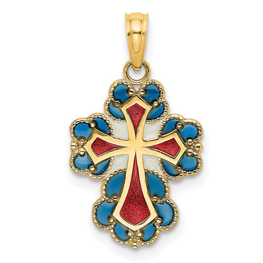 Million Charms 14K Yellow Gold Themed Blue, White & Red Stained Glass With Lace Trim Relgious Cross Charm