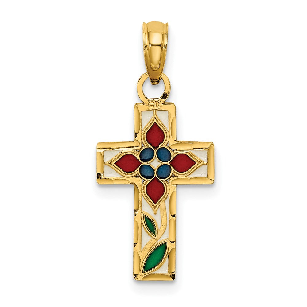 Million Charms 14K Yellow Gold Themed Stained Glass With Flower Relgious Cross Charm