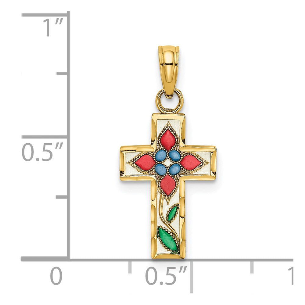 Million Charms 14K Yellow Gold Themed Stained Glass With Flower Relgious Cross Charm