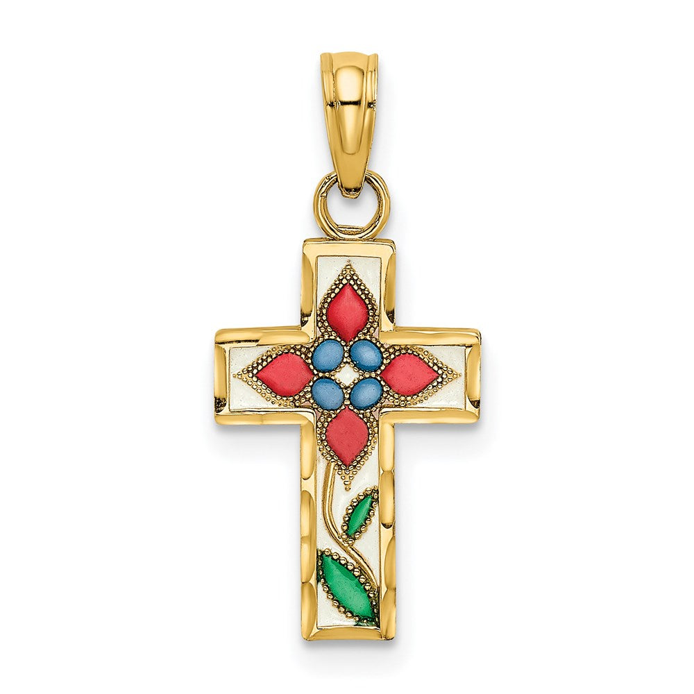 Million Charms 14K Yellow Gold Themed Stained Glass With Flower Relgious Cross Charm