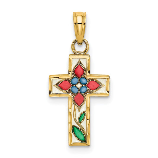 Million Charms 14K Yellow Gold Themed Stained Glass With Flower Relgious Cross Charm