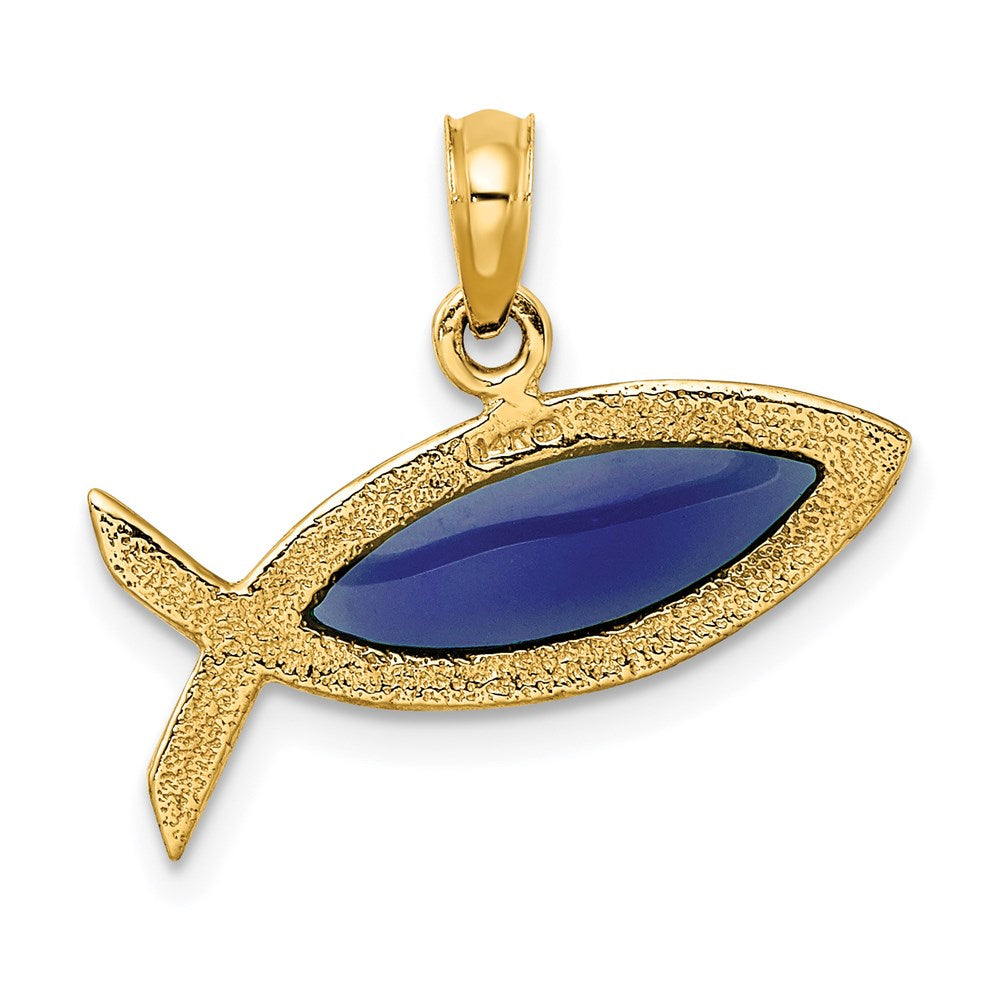 Million Charms 14K Yellow Gold Themed 2-D & Horizontal Blued Stained Glass Ichthus Charm