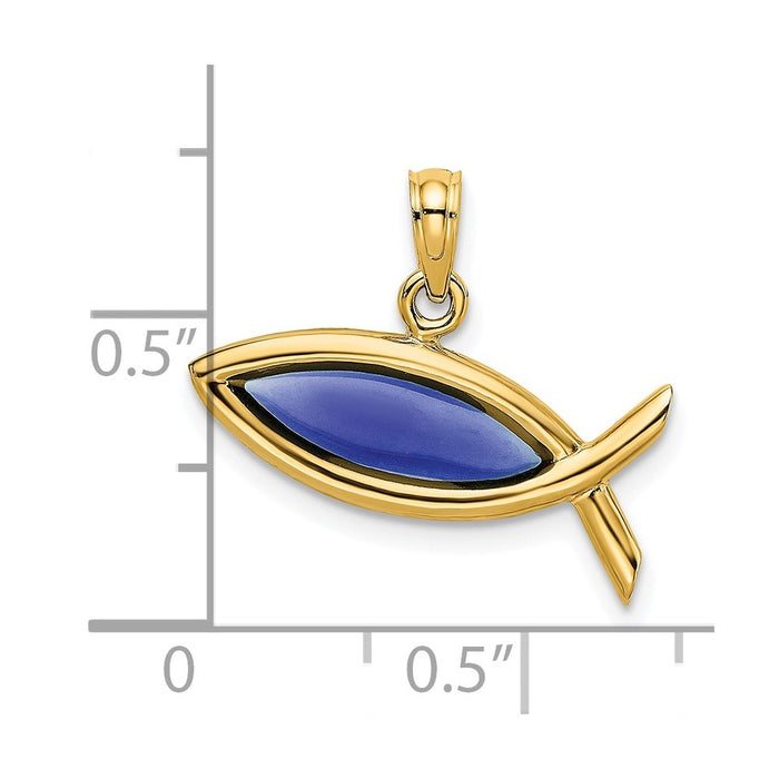 Million Charms 14K Yellow Gold Themed 2-D & Horizontal Blued Stained Glass Ichthus Charm