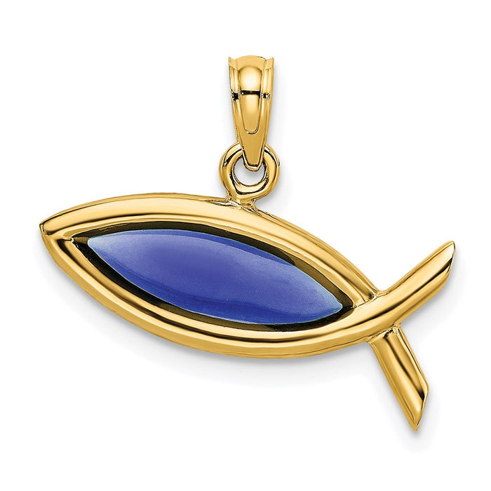 Million Charms 14K Yellow Gold Themed 2-D & Horizontal Blued Stained Glass Ichthus Charm