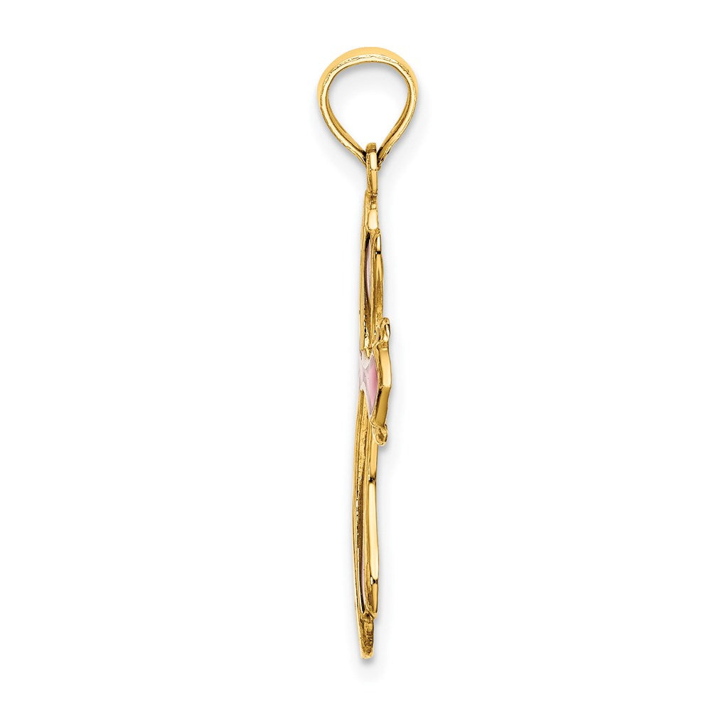 Million Charms 14K Yellow Gold Themed Pink & Purple Stained Glass Relgious Cross Charm