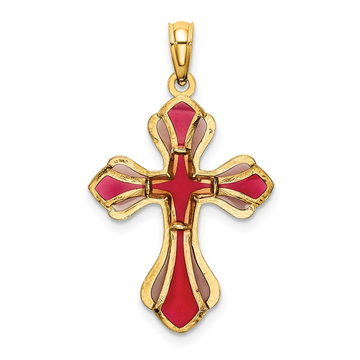 Million Charms 14K Yellow Gold Themed Pink & Purple Stained Glass Relgious Cross Charm