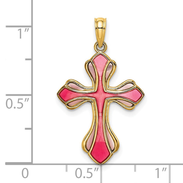 Million Charms 14K Yellow Gold Themed Pink & Purple Stained Glass Relgious Cross Charm