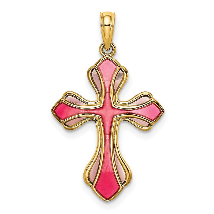 Million Charms 14K Yellow Gold Themed Pink & Purple Stained Glass Relgious Cross Charm
