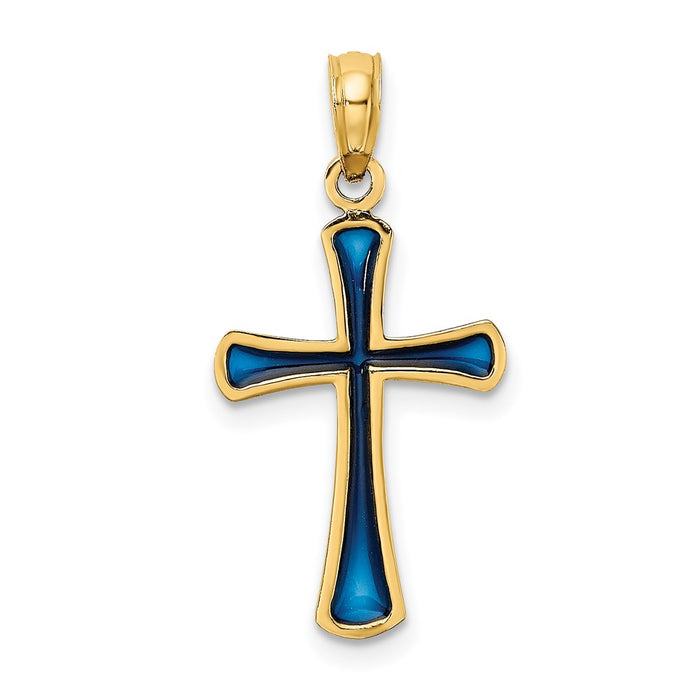 Million Charms 14K Yellow Gold Themed Blue Stained Glass Tapered Relgious Cross Charm
