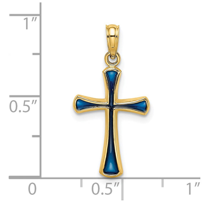 Million Charms 14K Yellow Gold Themed Blue Stained Glass Tapered Relgious Cross Charm