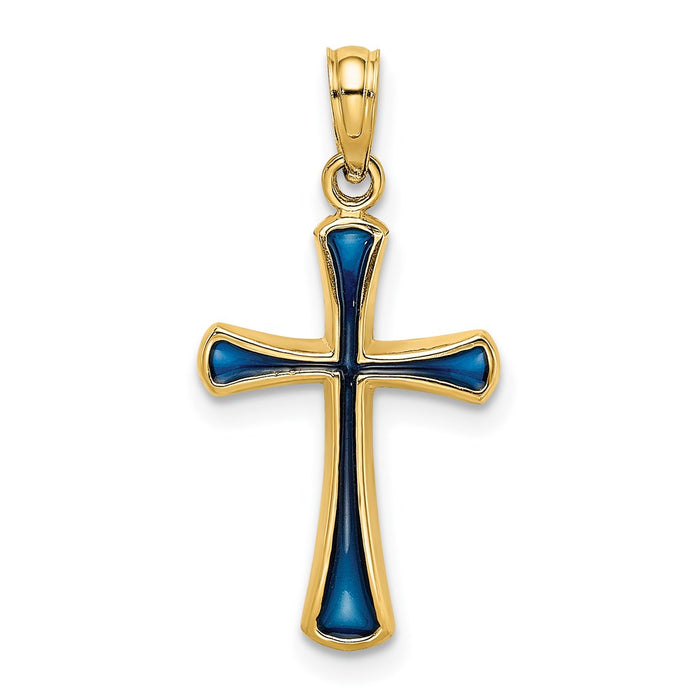 Million Charms 14K Yellow Gold Themed Blue Stained Glass Tapered Relgious Cross Charm