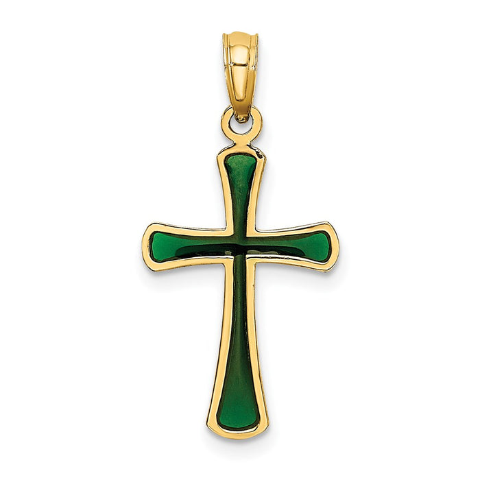 Million Charms 14K Yellow Gold Themed Green Stained Glass Tapered Relgious Cross Charm
