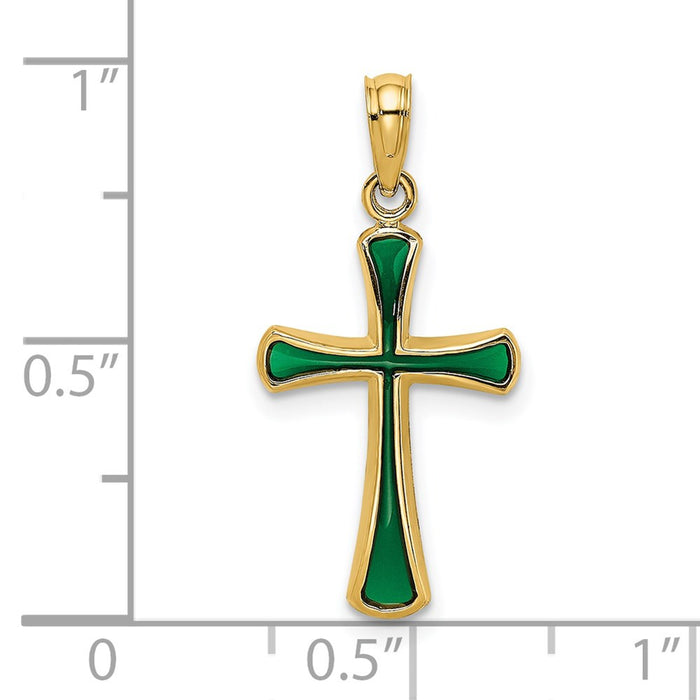Million Charms 14K Yellow Gold Themed Green Stained Glass Tapered Relgious Cross Charm