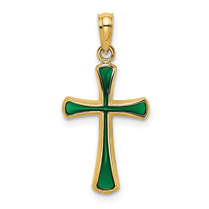 Million Charms 14K Yellow Gold Themed Green Stained Glass Tapered Relgious Cross Charm