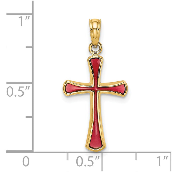 Million Charms 14K Yellow Gold Themed Pink Stained Glass Tapered Relgious Cross Charm